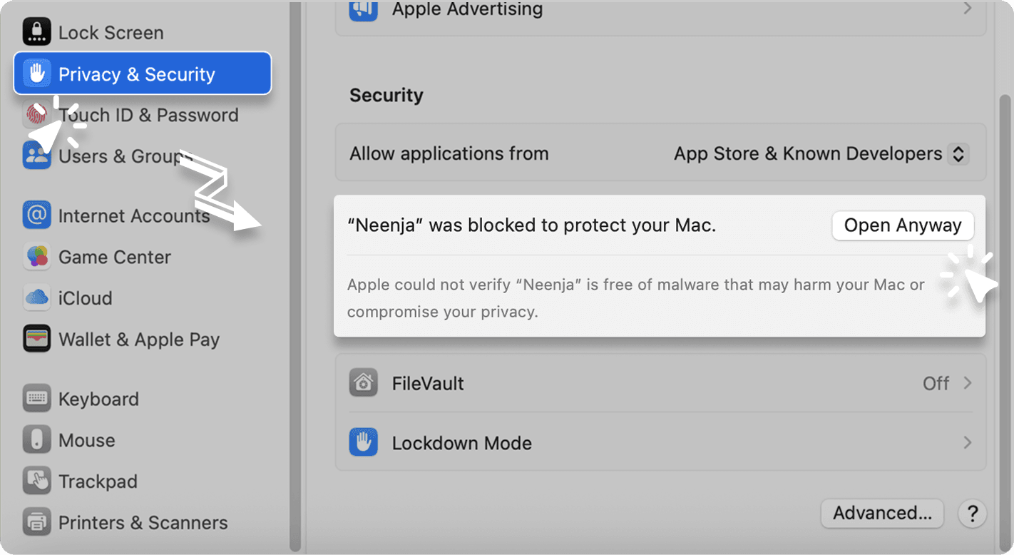 Privacy & Security settings with the Open Anyway button