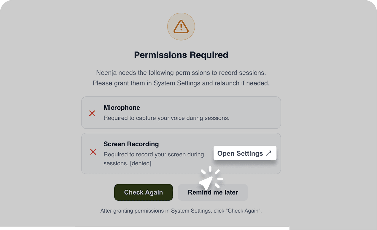 Neenja asking for Microphone and Screen Recording permissions